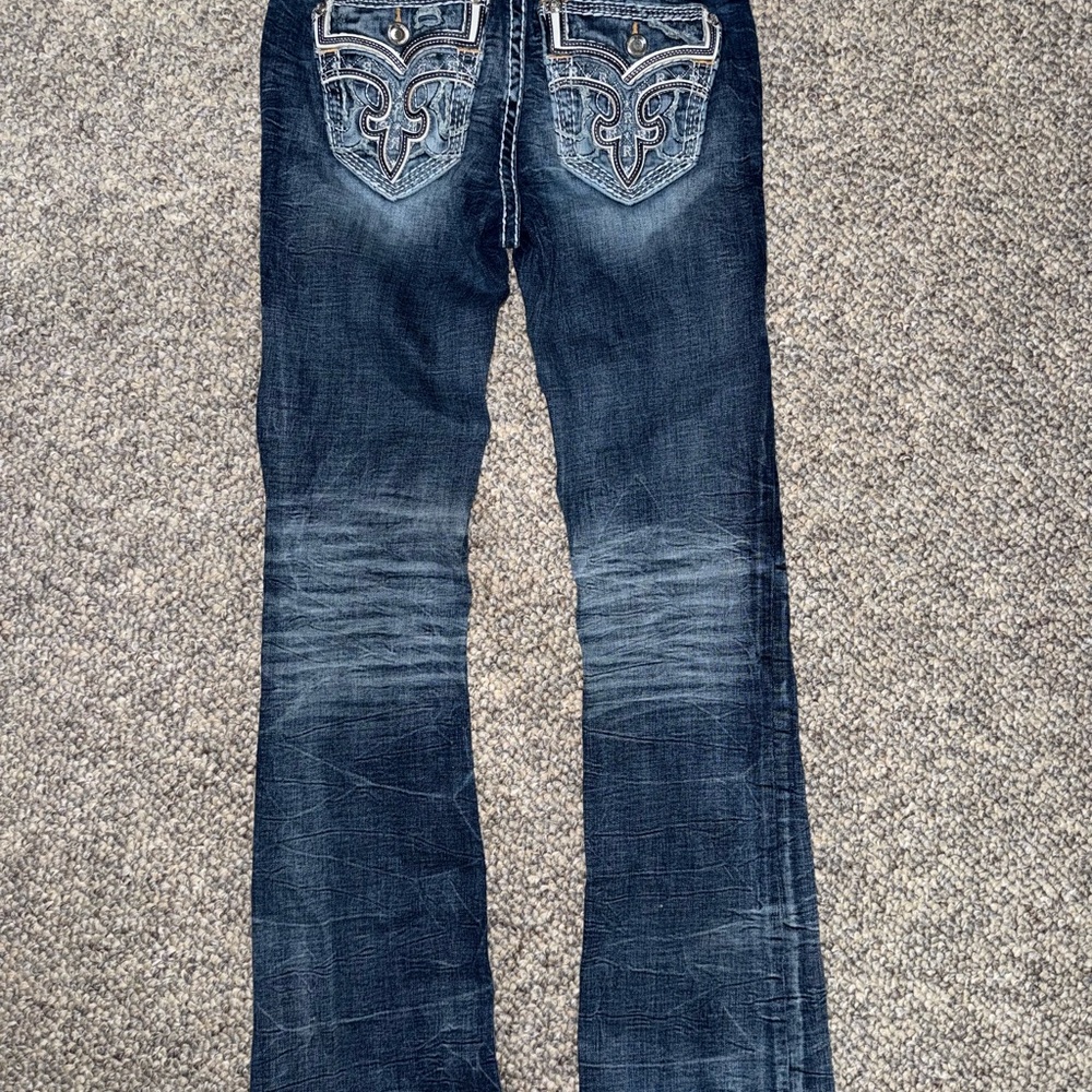 Rock Revival Blue Flare Wide Leg Jeans with Distinctive Stitching